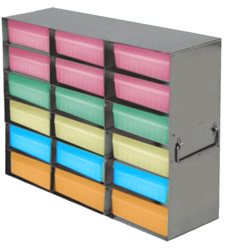 Upright Freezer Racks with 100Cell Hinged Plastic Storage Boxes 3 Boxes Deep x 6 Boxes High