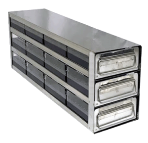 Drawer Style Stainless Upright Freezer Racks for 2″ Boxes