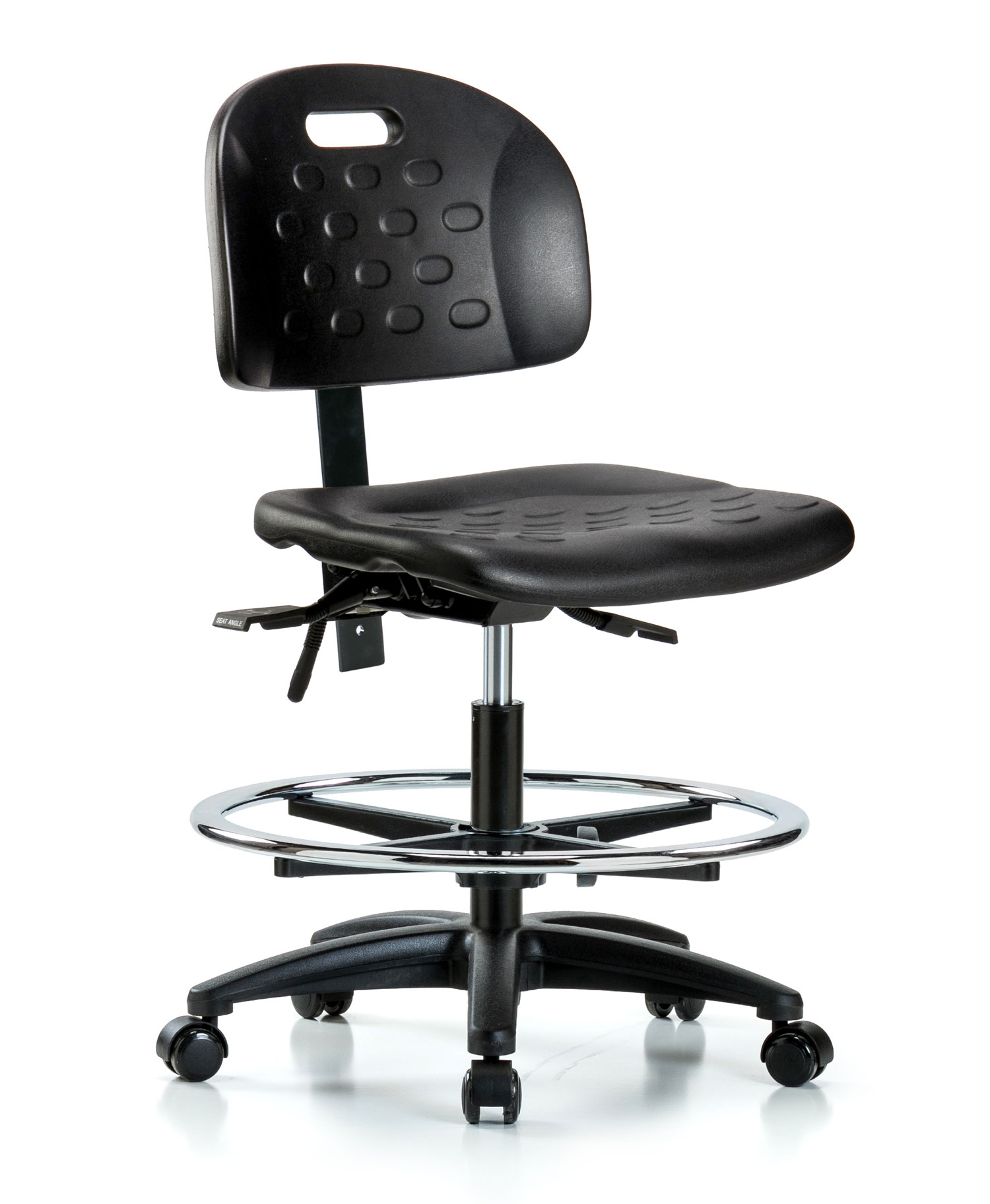 Black Polyurethane Laboratory Chair | Medium Bench Height with Seat Tilt,  Chrome Foot Ring, & Casters