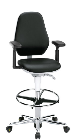 Bimos Cleanroom Basic Laboratory Chair 9145A+ | Desk to Bench Height | Freewheeling Casters | Black Vinyl w/ 4D Arms & Footring