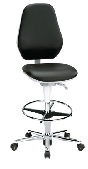 Bimos Cleanroom Basic Laboratory Stool 9146 | Bench to Counter Height | Freewheeling Casters | Black Vinyl & Footring