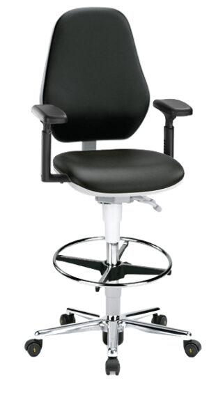 Bimos Cleanroom Basic Laboratory Stool 9146A+ | Bench to Counter Height | Freewheeling Casters | Black Vinyl w/ 4D Arms & Footring