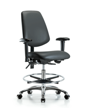 Rutledge Vinyl Chair | Medium Bench Height with Adjustable Arms, Chrome Foot Ring & Casters in Carbon Supernova Vinyl